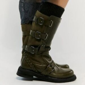 Free People Billie Buckle Boots Moto Womens Size 10 Green Forest Leather